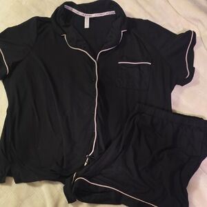 Elegant Black Pajama Set with Pink Piping